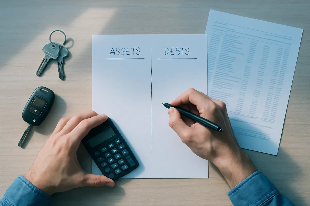 Overhead view of a sheet ruled into two handwritten columns headed ASSETS and DEBTS, with a small calculator, car keys and a printed document on a desk
