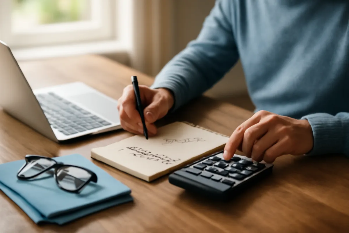 A person mapping out retirement plans at a wooden desk with a calculator, notepad, and laptop in warm window light