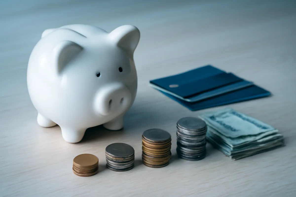 A white ceramic piggy bank on a pale wooden surface beside four stacks of coins that rise in height and a folded pile of banknotes