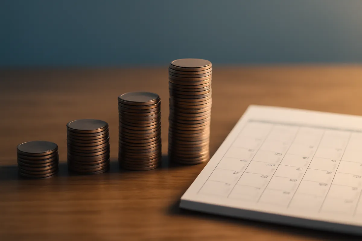 Four stacks of coins rising in height on a wooden surface beside the corner of a blank calendar grid, lit against a dark blue wall
