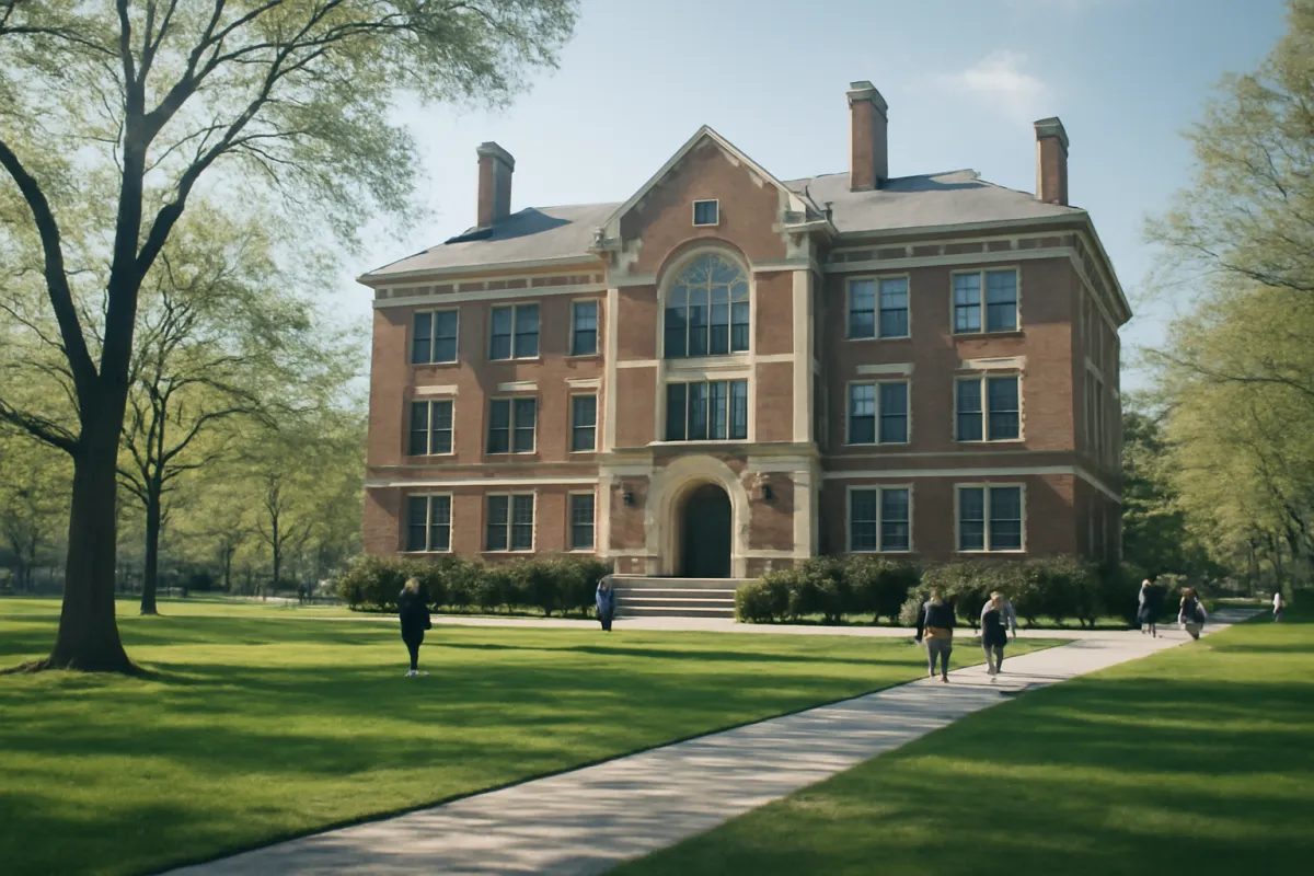 A three-storey red brick institutional building with a gabled entrance and tall chimneys, seen across a wide green lawn with a path where several people are walking