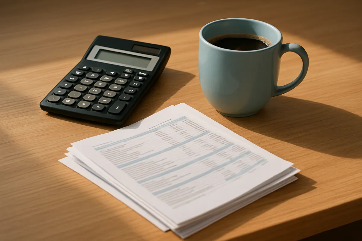 A calculator, a stack of printed pages and a mug of coffee on a sunlit wooden desk