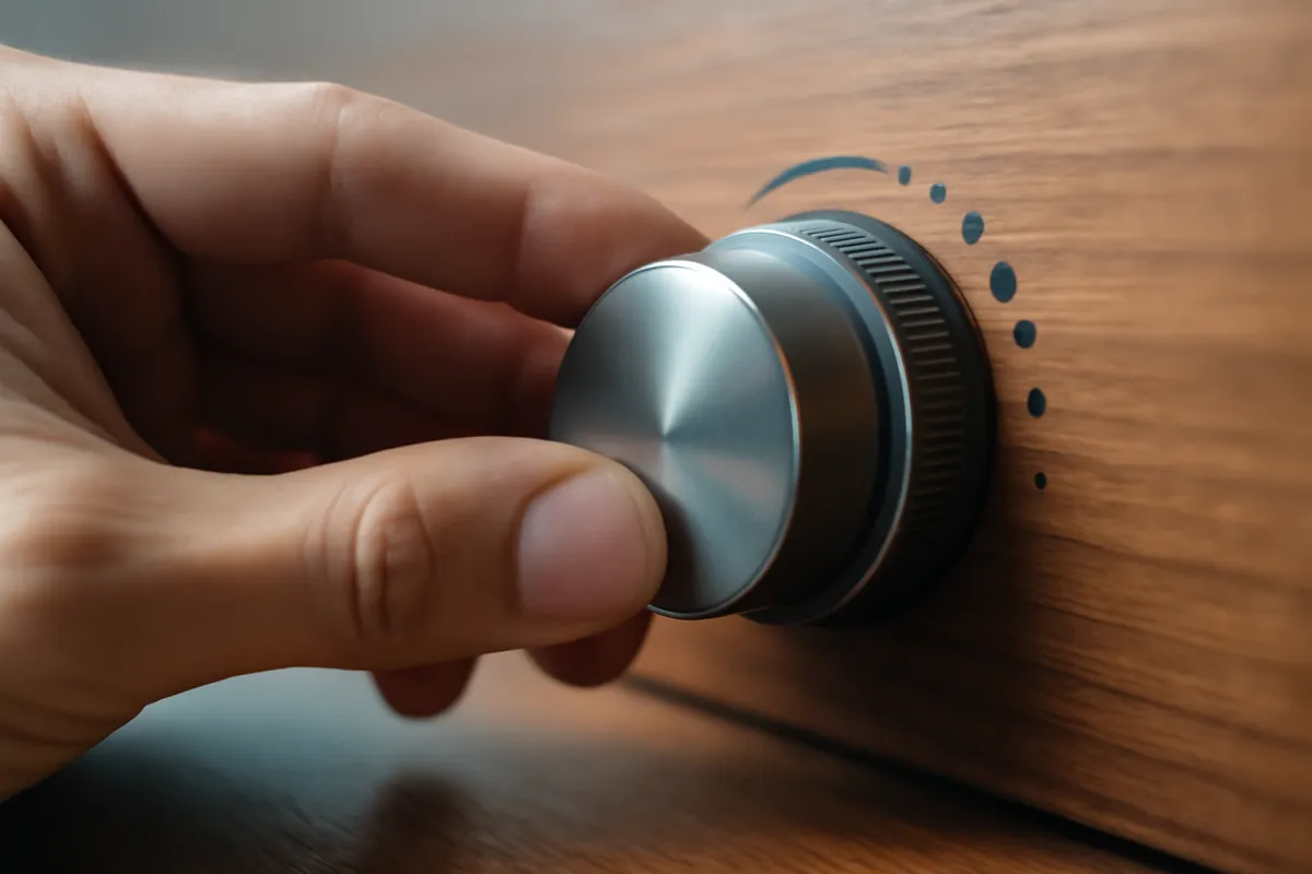 A hand turning a small metal dial on a wooden panel marked with a curved row of dots