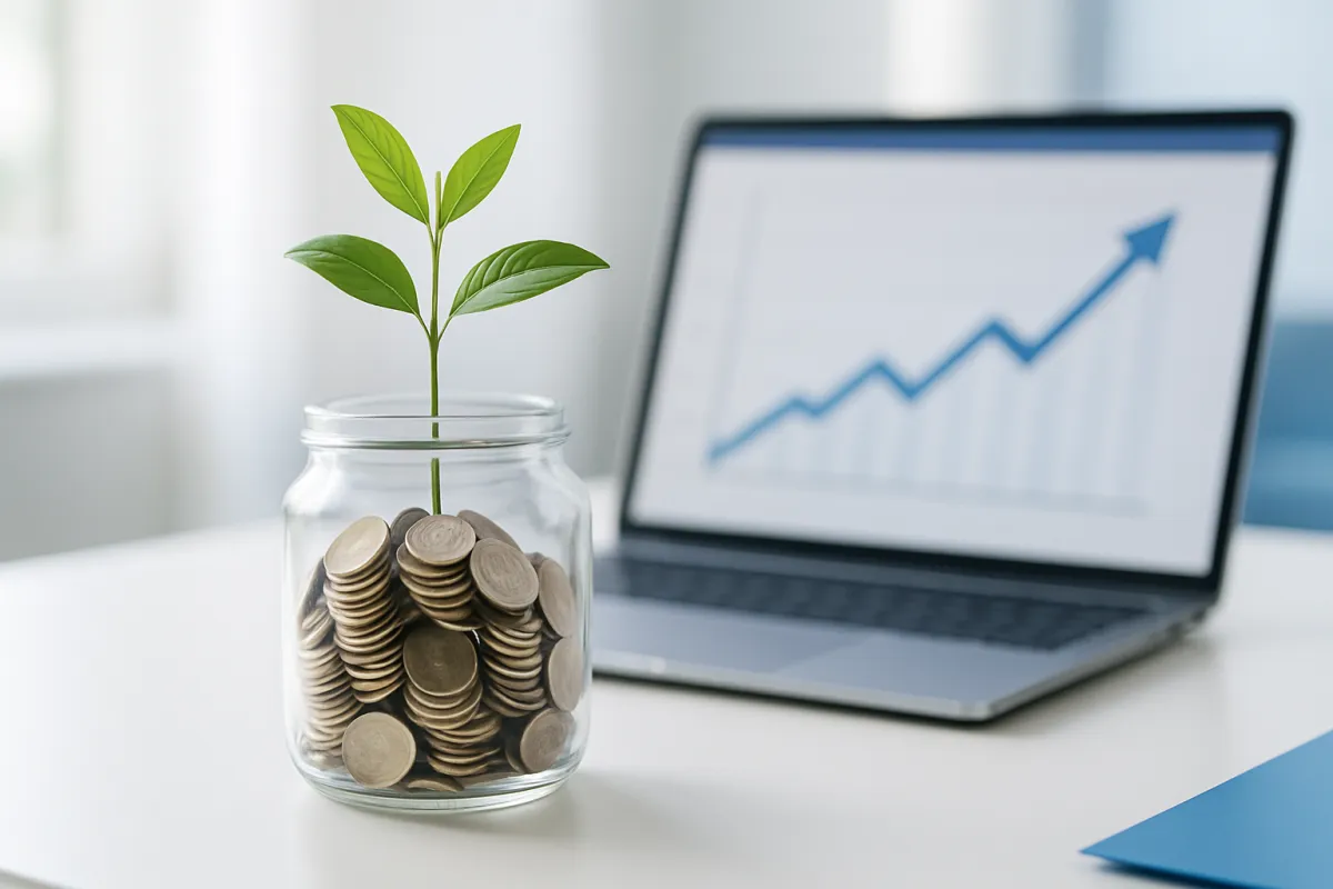 A jar filling with coins and a small plant growing beside a rising chart