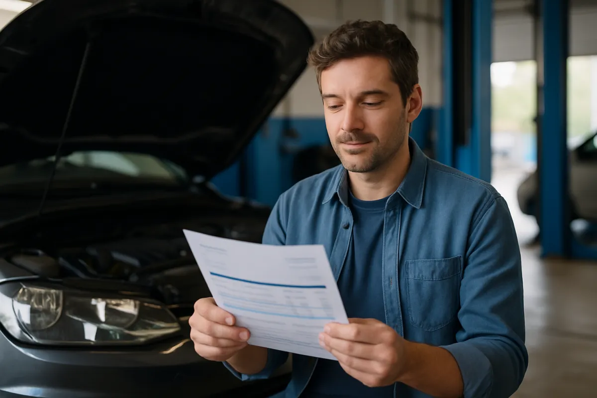 A man in a repair shop reviewing a printed estimate beside his car's open hood