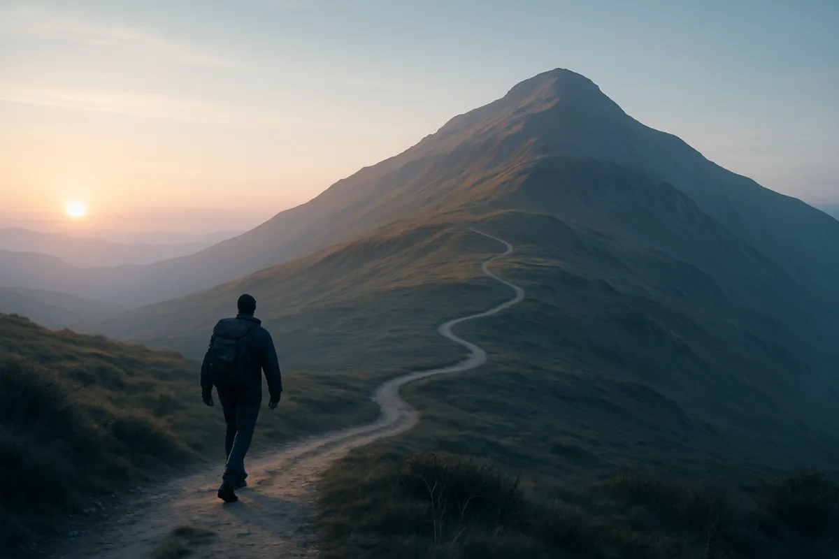 A person with a backpack walking a winding dirt path up a grassy hillside toward a mountain peak at sunrise