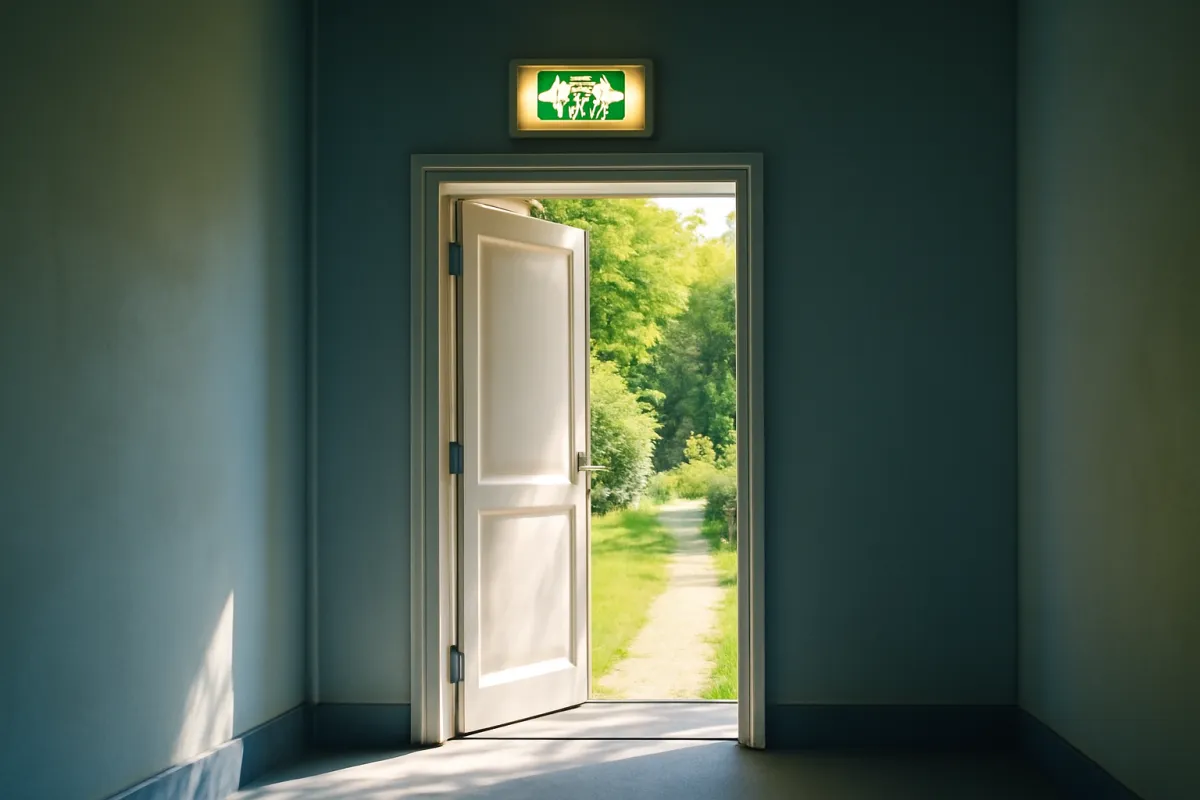 An open door beneath an illuminated exit sign, leading from a dim hallway onto a sunlit path through grass and trees