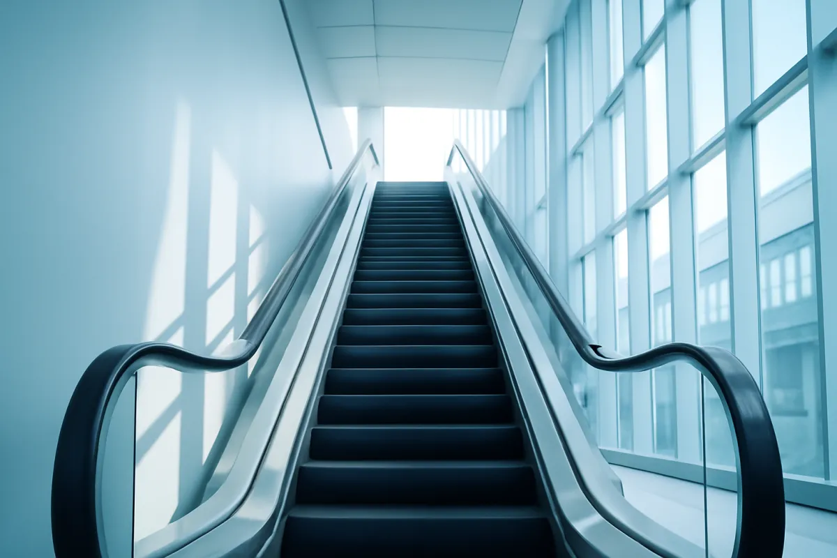 An ascending escalator in a bright glass corridor, its handrails curving upward toward a light-filled landing