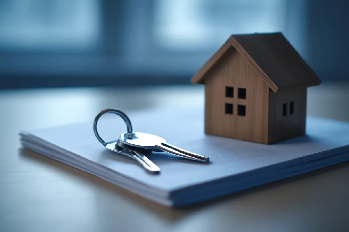 A small model house and a set of keys resting on a stack of paperwork