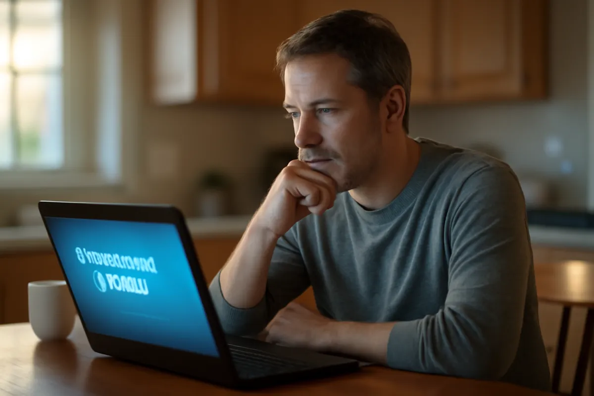 A man resting his chin on his hand, looking at a laptop screen that shows a dark dashboard with blurred, illegible text, a coffee mug beside him