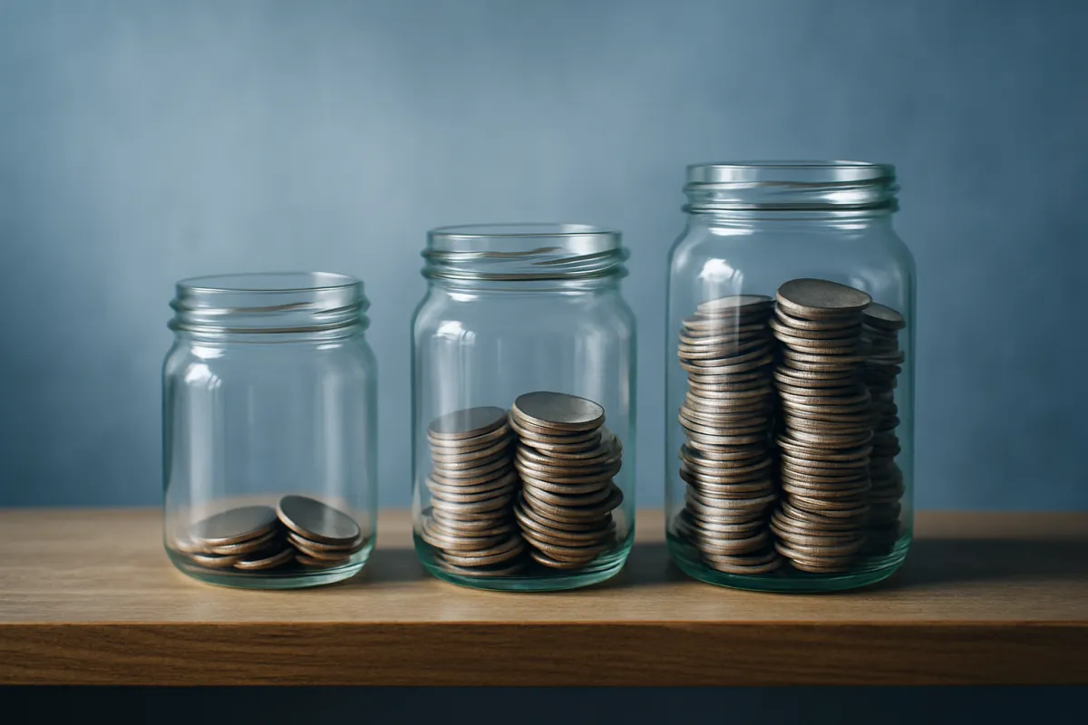 Three glass jars of increasing size on a wooden table, each holding a larger stack of coins than the one before it, against a blue background